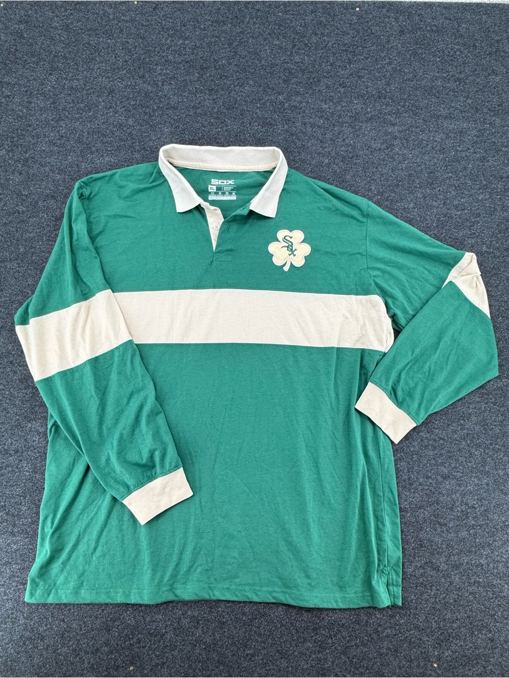 SOX Green and Cream Rugby-Striped Long Sleeve Polo with Clover Emblem